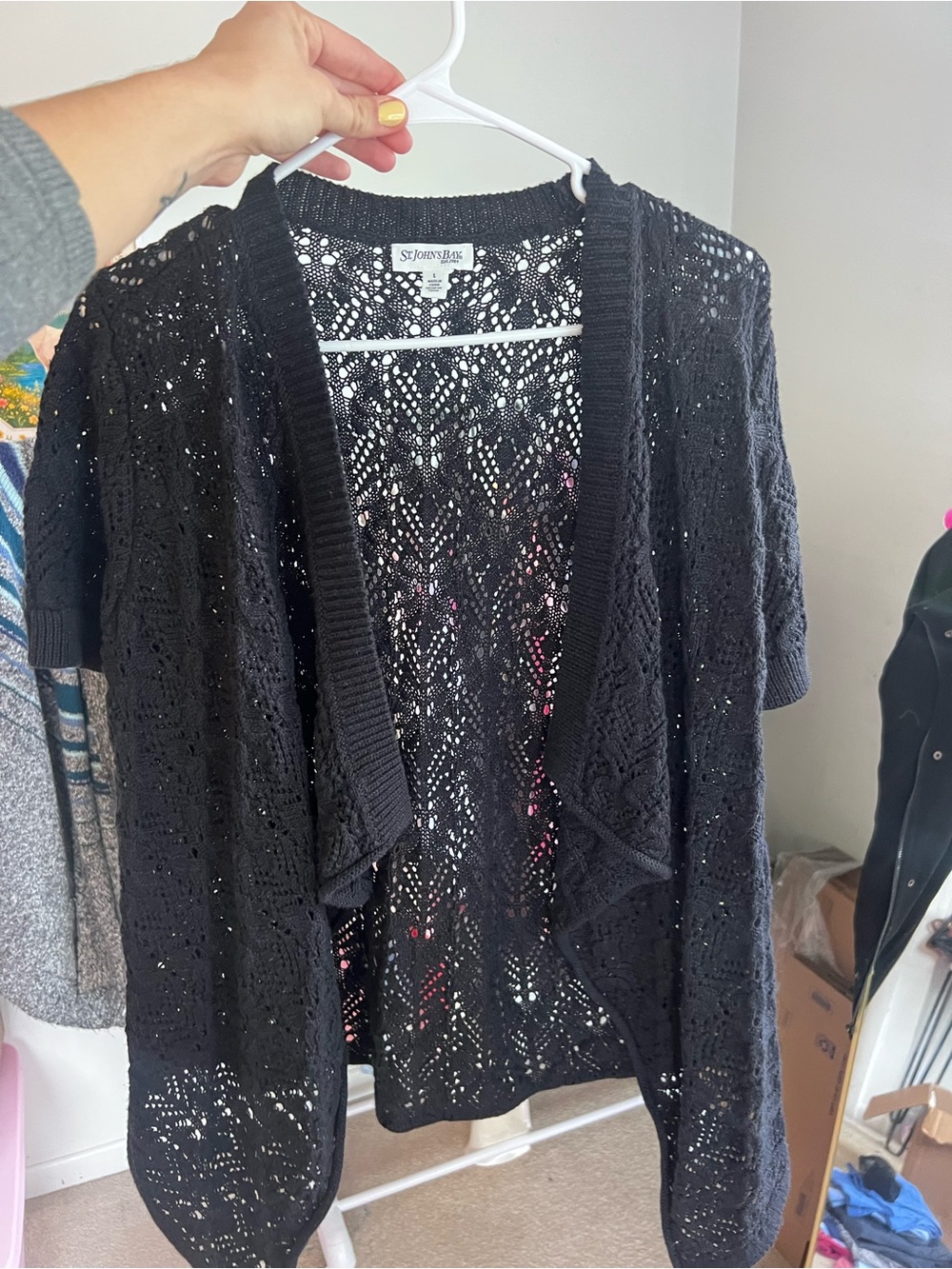 St. John's Bay Black Open Front Pointelle Lace Knit Short Sleeve Cardigan Size L